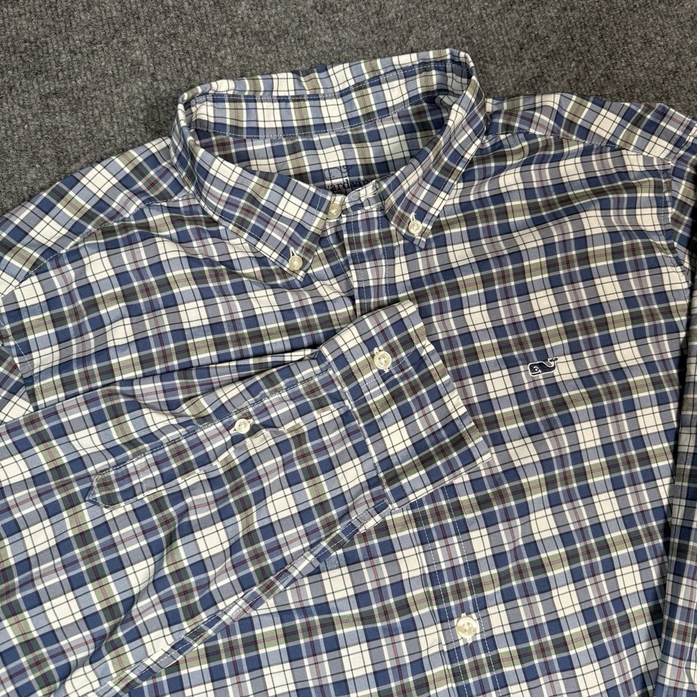 Vineyard Vines Shirt Mens Large Blue Green Check Performance Classic Fit Whale